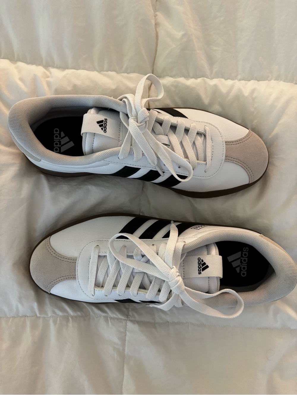 adidas White Sneakers with Black Stripes and Brown Sole - Picture 2 of 8